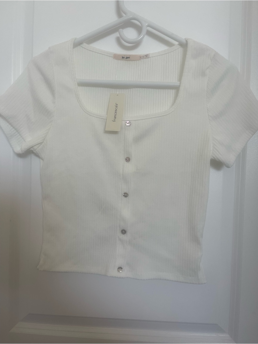 miami White Ribbed Button-Front Square Neck Top